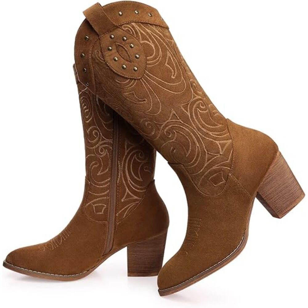 Women Camel Western Pointed Toe Chunky Heel Embroidered Mid Calf Cowgirl Boot